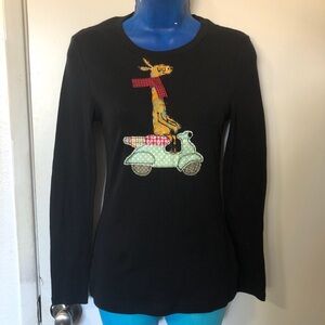 Upcycled Black long sleeve shirt with giraffe on scooter design